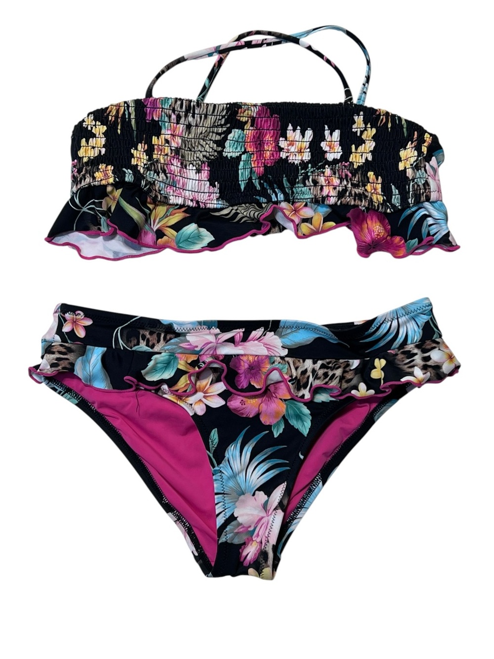 Girls Floral Ruffle Two-Piece Bikini - Black & Pink